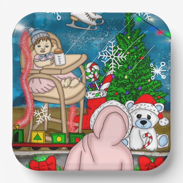 Hand drawn Nostalgic Christmas Window  Display  Paper Plates (Front)