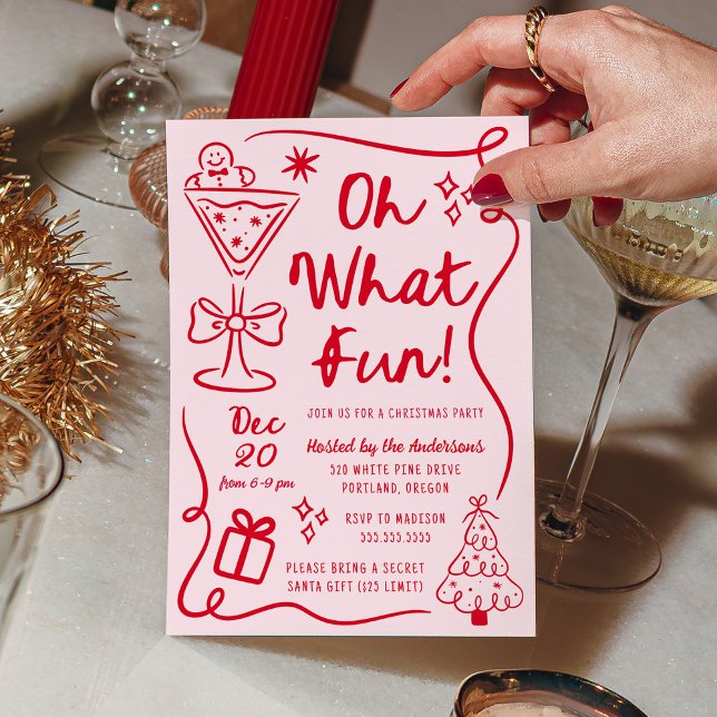 Hand-Drawn Oh What Fun Pink Red Christmas Party Invitation (Creator Uploaded)