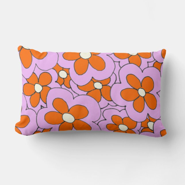 Hand Drawn Orange and Pink Flower Design Lumbar Pillow (Front)