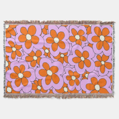 Hand Drawn Orange and Pink Flower Design Throw Blanket