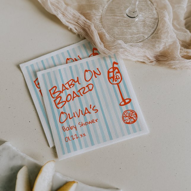 Hand Drawn Orange Blue Baby On Board Baby Shower Napkins (Creator Uploaded)