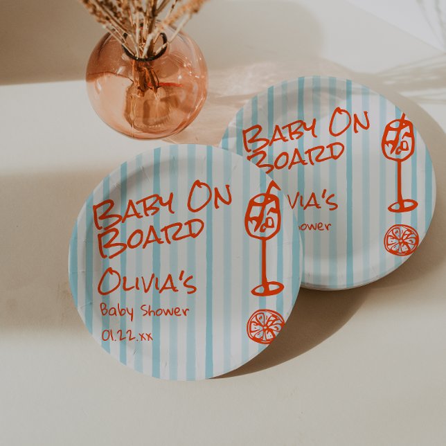 Hand Drawn Orange Blue Baby On Board Baby Shower Paper Plates (Creator Uploaded)