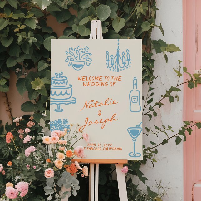 Hand Drawn Orange Blue Romantic Wedding Welcome Foam Board (Creator Uploaded)