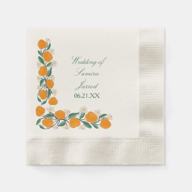 Hand-Drawn Orange Botanical Abstract Wedding Napkins (Front)