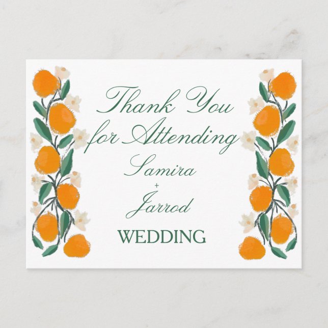 Hand-Drawn Orange Botanical Abstract Wedding Postcard (Front)