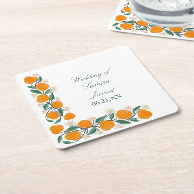 Hand-Drawn Orange Botanical Abstract Wedding Square Paper Coaster (Angled)