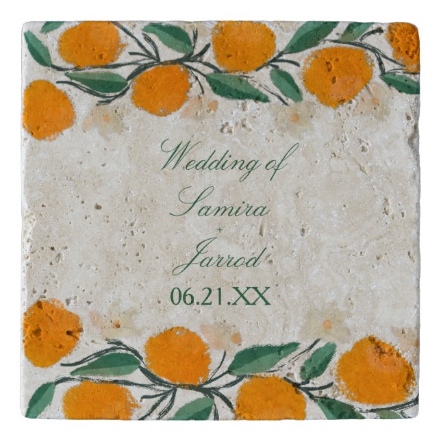 Hand-Drawn Orange Botanical Abstract Wedding Trivet (Front)