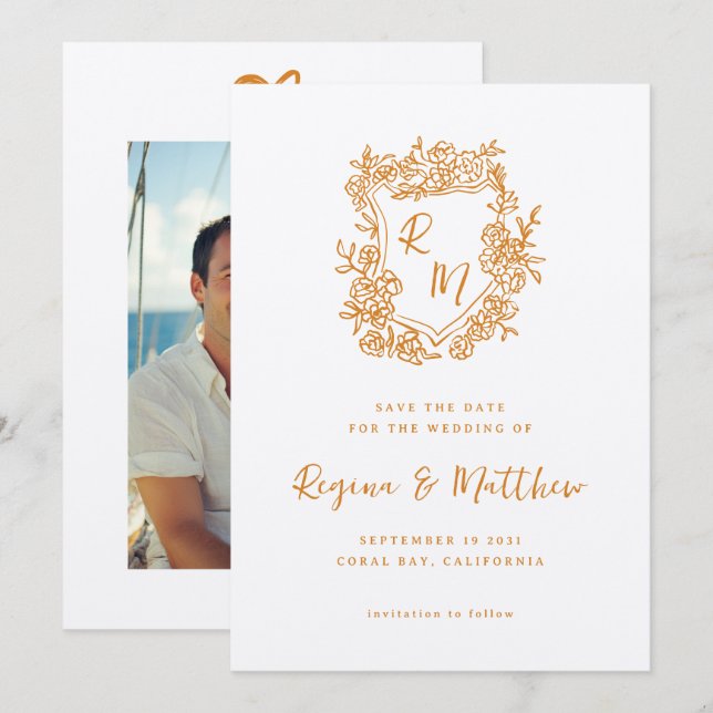 Hand Drawn Orange Floral Crest Monogram Wedding Save The Date (Front/Back)