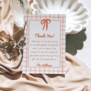 Hand Drawn Orange Gingham Bow Neutral Baby Shower Thank You Card