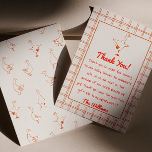 Hand Drawn Orange Silly Goose Gingham Baby Shower Thank You Card