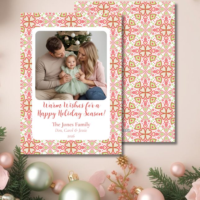 Hand-Drawn Ornament Pattern Holiday Photo Card  (Pastel Holiday Flat Photo Card)