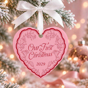 Hand Drawn Our First Christmas Photo Heart Ceramic Ornament