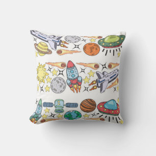 Hand-drawn Outer Space Doodles. Vintage Throw Pillow