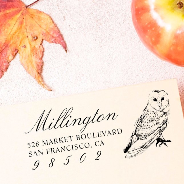 Hand-drawn Owl Family Name Script Return Address Rubber Stamp (Creator Uploaded)