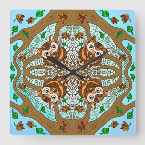 Hand Drawn Owl Mandala Artwork Square Wall Clock