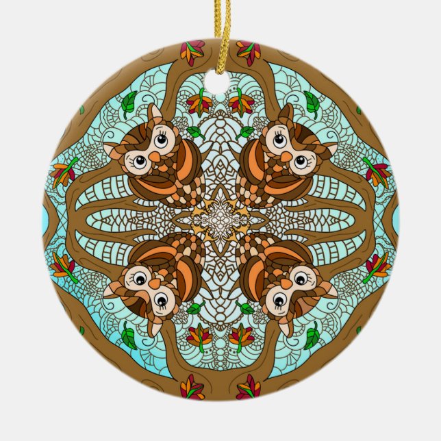 Hand drawn Owl Mandala  Ceramic Ornament (Front)