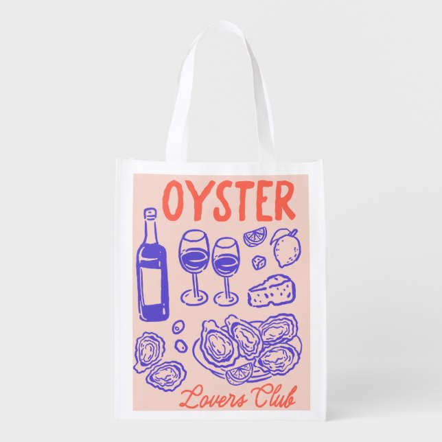 Hand Drawn Oyster Lovers Club Illustration  Grocery Bag (Front)