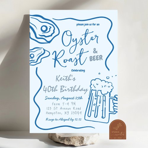 Hand Drawn Oyster Roast and Beer Adult Birthday