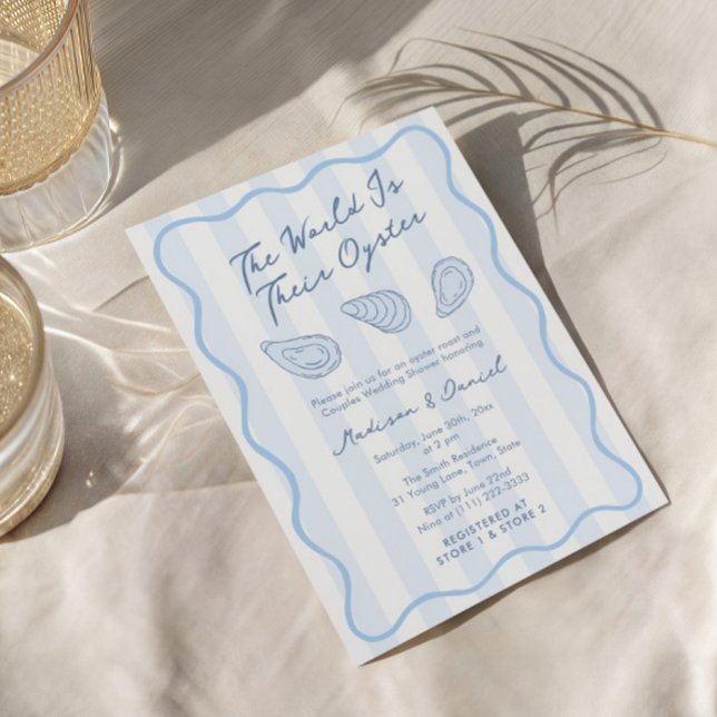 Hand-Drawn Oyster Roast Couples Wedding Shower Invitation (The world is their oyster trendy hand-drawn blue and white couples wedding shower invitation)
