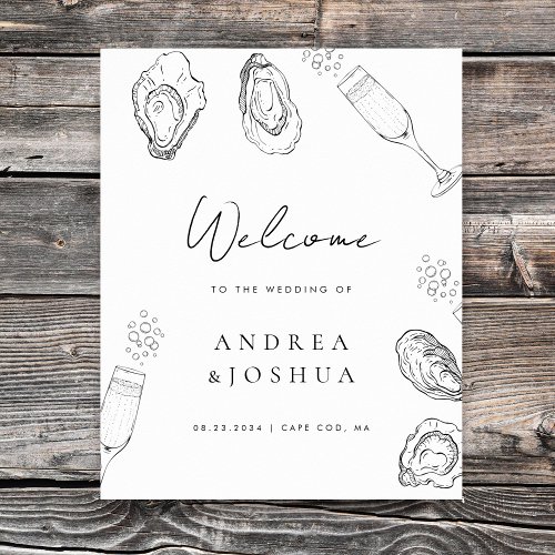 Hand Drawn Oysters Champagne Script Welcome Sign