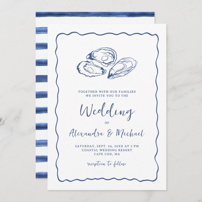 Hand Drawn Oysters Coastal Navy Blue Wedding Invitation (Front/Back)