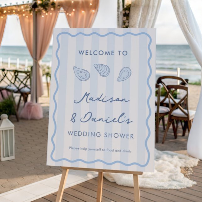 Hand Drawn Oysters Wedding Shower Welcome Sign (Trendy hand-drawn oyster roast blue and white stripes wavy border welcome sign foam board)