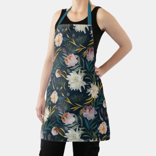 Hand Drawn Painterly Floral Blooms Navy Turquoise Apron