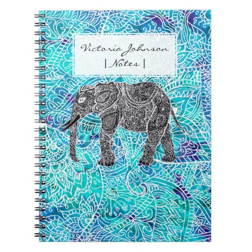 Hand drawn paisley boho elephant blue turquoise notebook