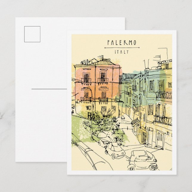 Hand drawn Palermo Italy Scene Landmark Postcard (Front/Back)