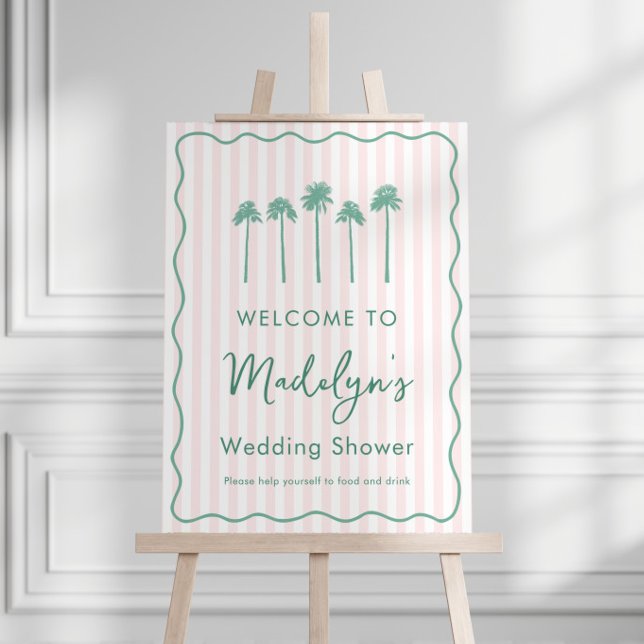 Hand-Drawn Palm Springs Bridal Shower Welcome Sign (Palm Springs before the rings bridal shower welcome sign in blush and mint with squiggle border)