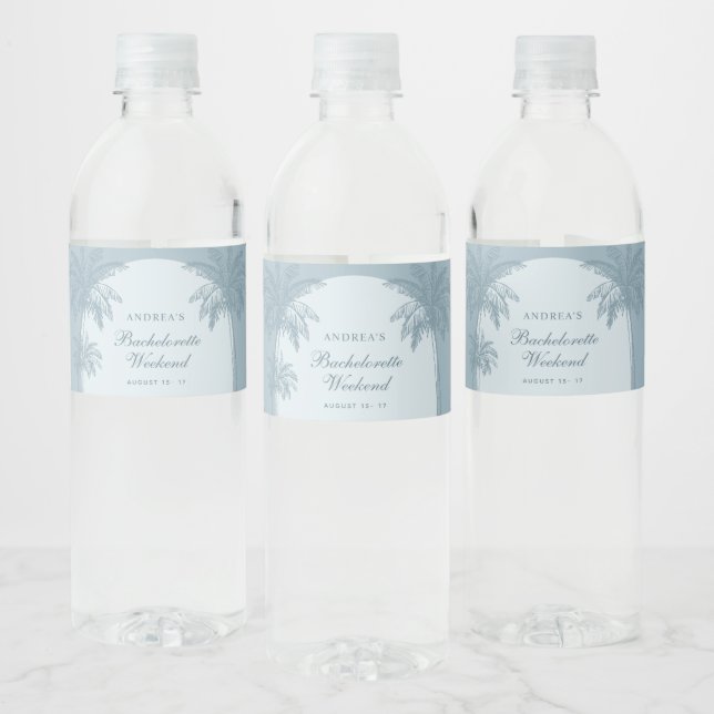 Hand Drawn Palm Tree Dusty Blue Bachelorette Water Bottle Label (Bottles)