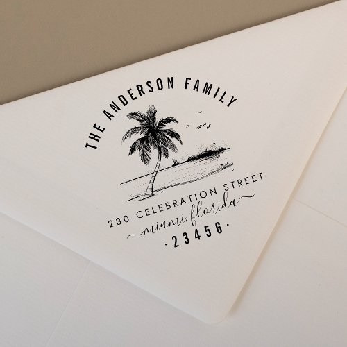 Hand Drawn Palm Tree  Family Name Return Address Rubber Stamp