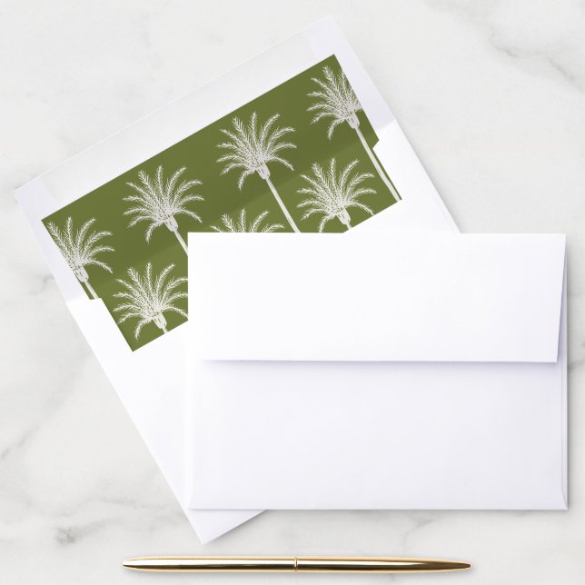 Hand Drawn Palm Tree Tropical Beach Wedding Green Envelope Liner (Desk)