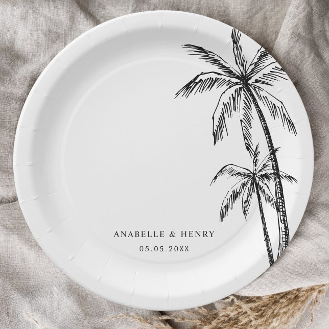 Hand Drawn Palm Trees Beach Destination Wedding Paper Plates (Creator Uploaded)