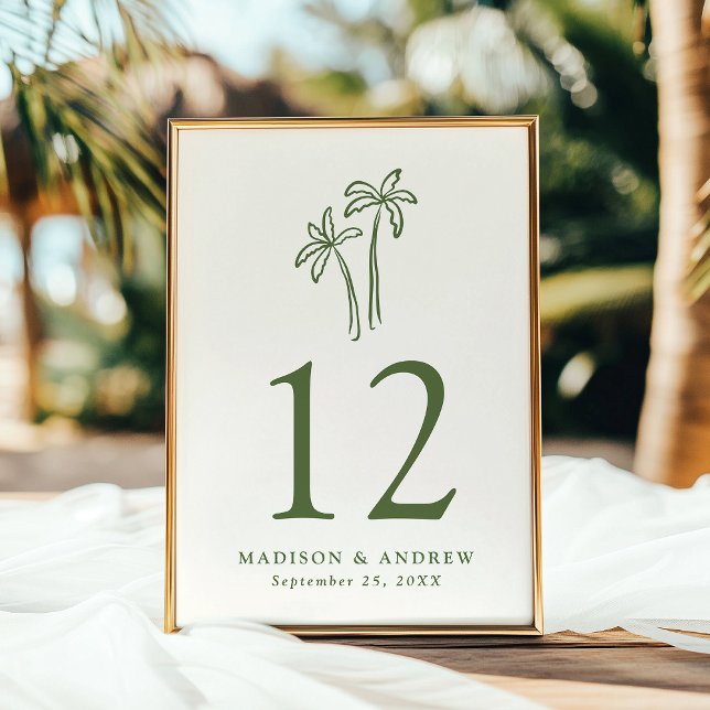 Hand-Drawn Palm Trees Cream Wedding Table Number (Creator Uploaded)
