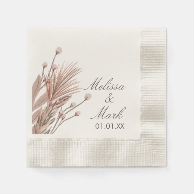 Hand Drawn Pampas Cotton Plants Monogram Napkins (Front)