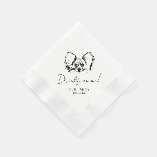 Hand Drawn Papillon Dog Drinks on me Cocktail Napkins (Corner)