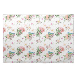 Hand Drawn Pastel Pink & Peach Flowers & Song Bird Cloth Placemat