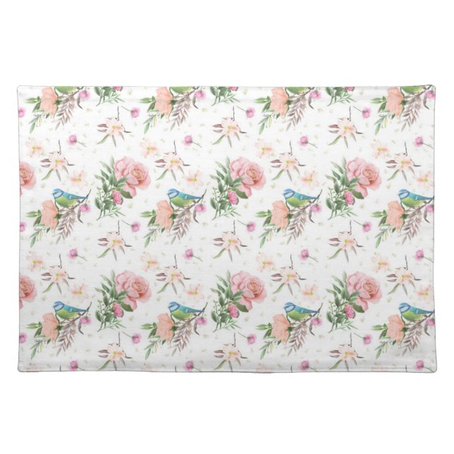 Hand Drawn Pastel Pink & Peach Flowers & Song Bird Cloth Placemat (Front)
