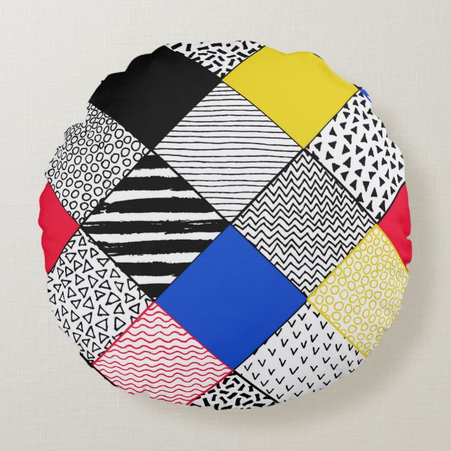 Hand Drawn Patchwork Background. Childish textured Round Pillow (Front)