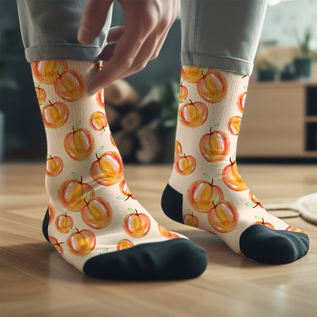 Hand Drawn Peach Illustration Monogram Funny Socks (Fun personalized hand painted peach fruit novelty socks by Malissa Melrose)