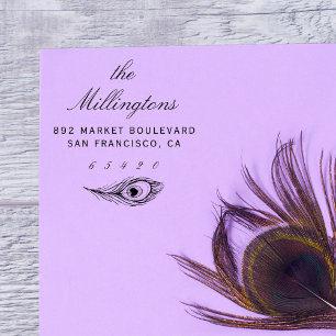 Hand-drawn Peacock Feather Name & Return Address Self-inking Stamp