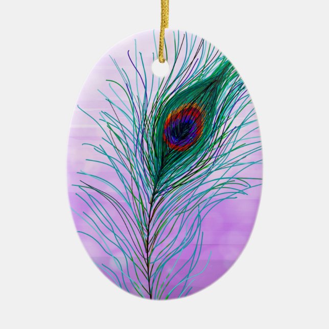 Hand drawn Peacock Feathers Personalized  Ceramic Ornament (Front)