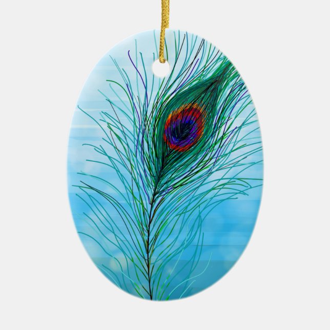 Hand drawn Peacock Feathers Personalized  Ceramic Ornament (Front)