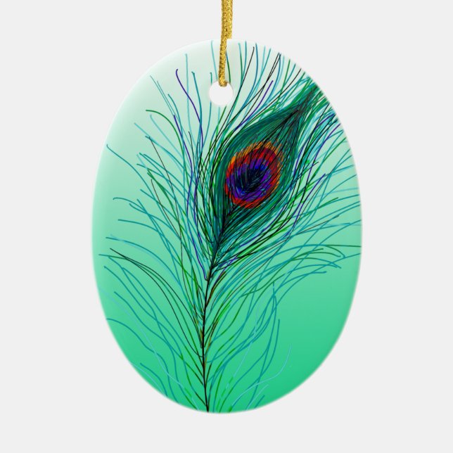 Hand drawn Peacock Feathers Personalized Christmas Ceramic Ornament (Front)