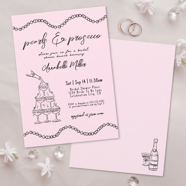 Hand Drawn Pearls Whimsical Prosecco Bridal Shower Invitation (Hand Drawn Pearls Whimsical Prosecco Bridal Shower Invitation)