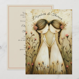 Hand Drawn Pencil Illustration Two Brides Wedding Invitation