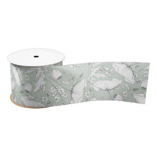 Hand-drawn Pencil Wildflowers Elegant Sage Green Satin Ribbon