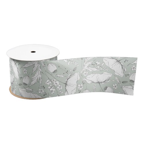 Hand_drawn Pencil Wildflowers Elegant Sage Green Satin Ribbon