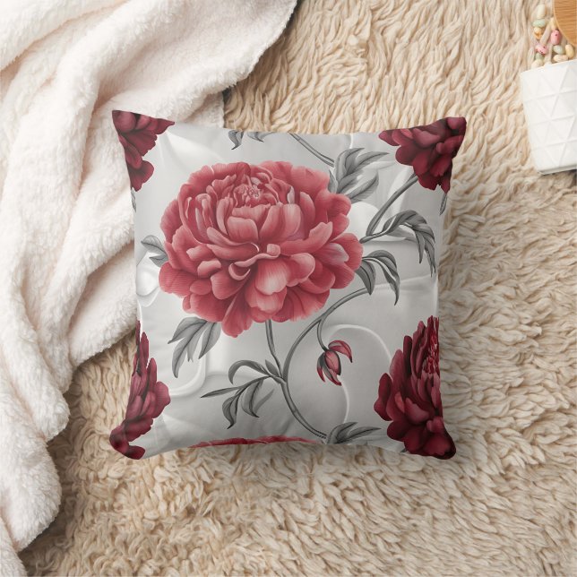 Hand-Drawn Peony Throw Pillow Cover Elegant Crimso (Blanket)